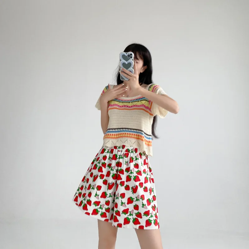 Summer New Fashion Strawberry Printed Denim Short Pants Women Harajuku Loose High Waist Jean Shorts Female