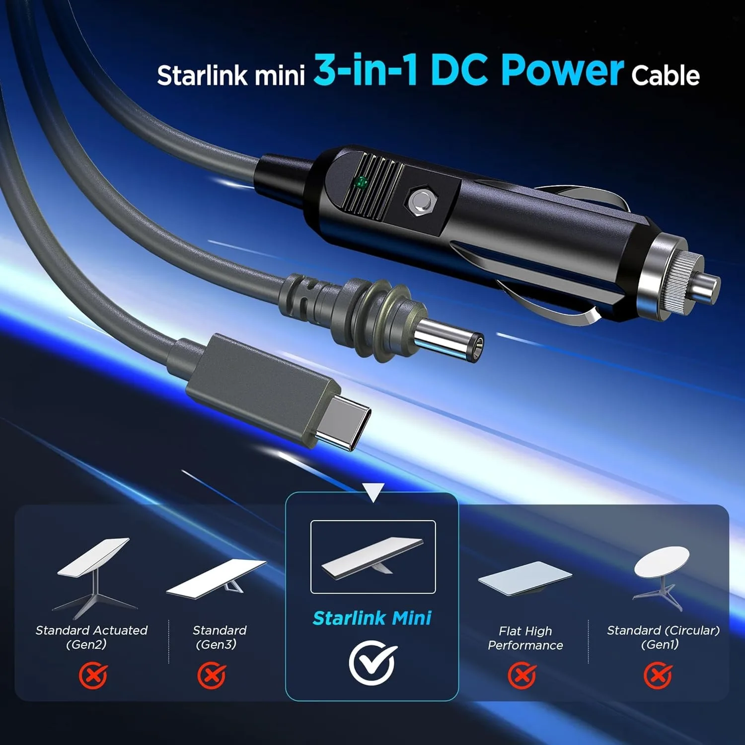 3 in 1 스타링크 미니 케이블, 고속 USB C/차량용 충전기/DC-DC 교체 케이블 전원 케이블 액세서리