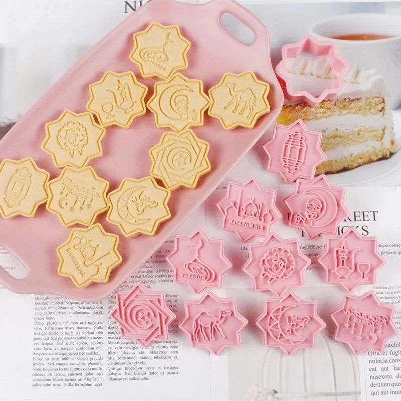 10PCS Eid Mubarak Cookie Stamp with Cutter Star Moon Ramadan Kareem Biscuit Mold Baking Tools Islamic Muslim Party Supplies