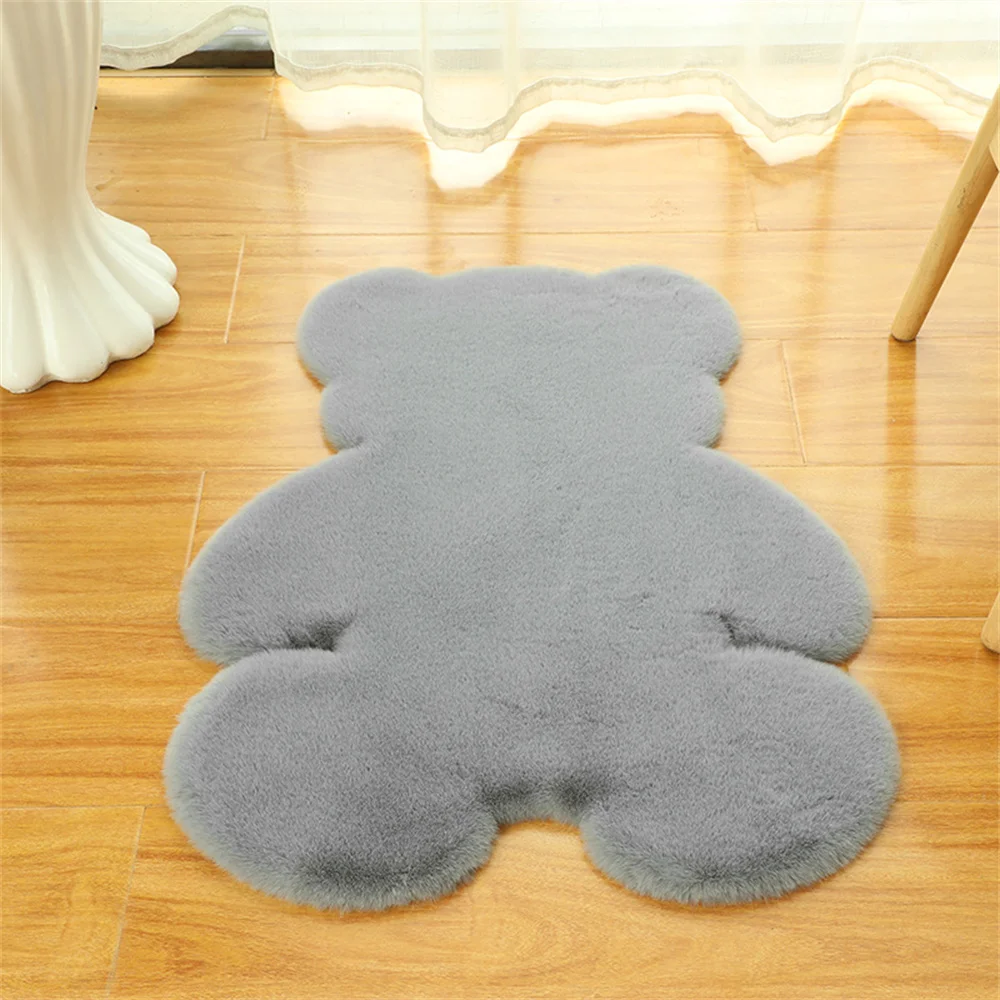 Bear-Shaped Faux Rabbit Wool Artificial Soft Carpet Bedroom Living Room Rug Pads Anti-Slip Absorbent Floor Mat