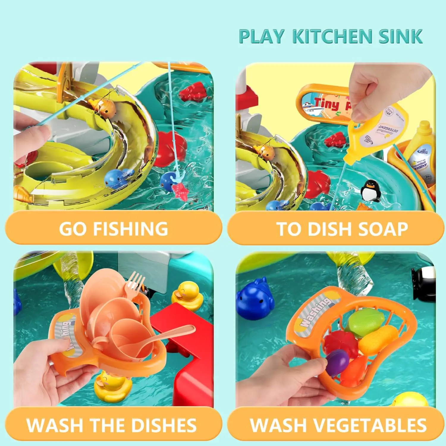 Play Sink with Running Water,3in1 Toddler Kitchen Toys,Water Table,Fishing Set,Track,Pretend Play Kitchen Cleaning Set Water Toy