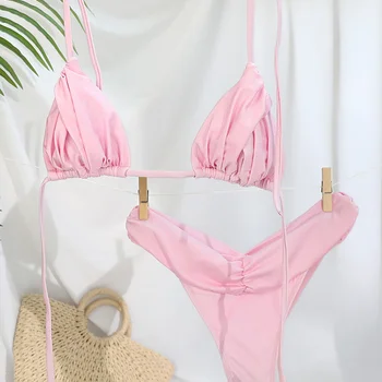 플리츠 브라질 폴드 비키니 세트, 섹시한 마이크로 비키니, 2023 여성용 수영복, 여성용 삼각형 수영복, 비치웨어 목욕 세트