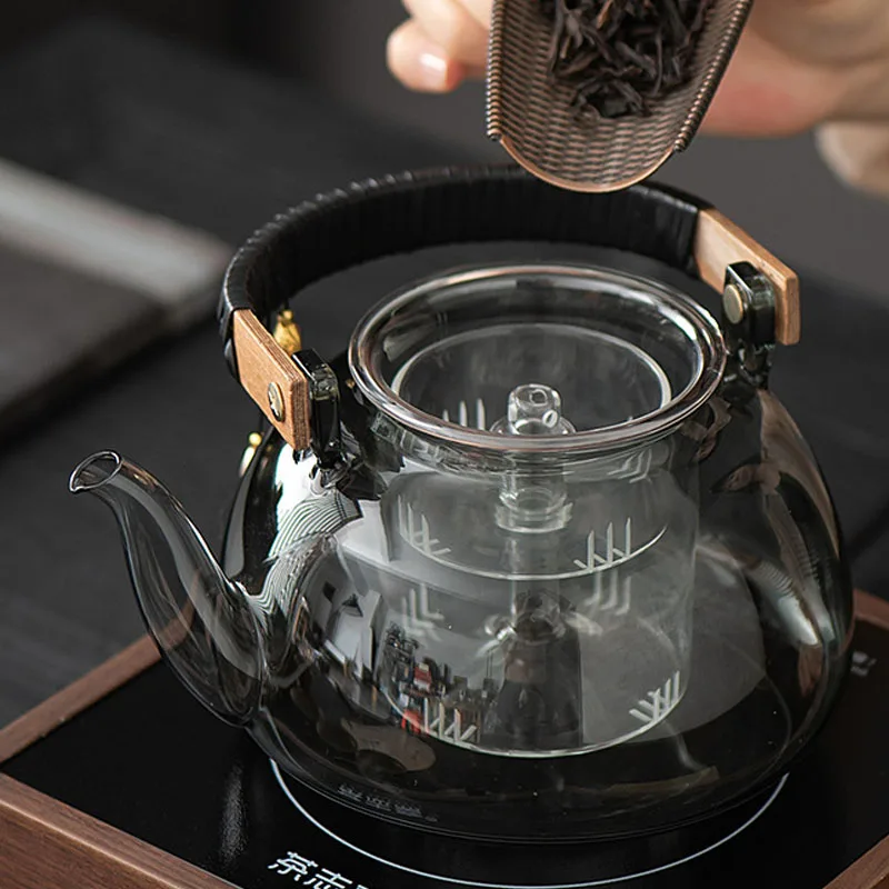 Chinese Style Smoke Grey Teapot, Heat-resistant Glass, Kung Fu Household, Tea Separation, 1200ML Household Boiling Tea Pots, 1Pc