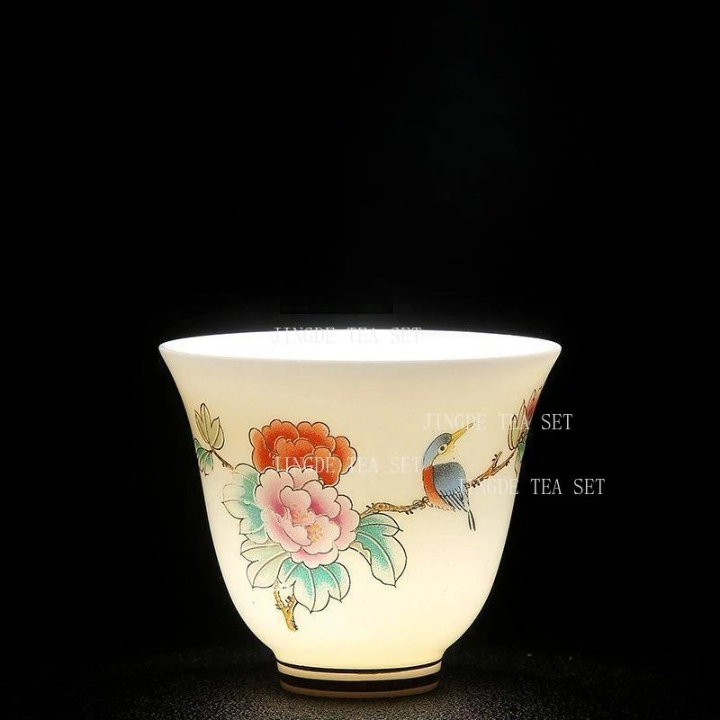 1PCS Sheep Fat Jade Tea Cup White Porcelain Landscape Gold Painting Kung Fu Tea Set Household High-end Tea Cup Drinking Utensils