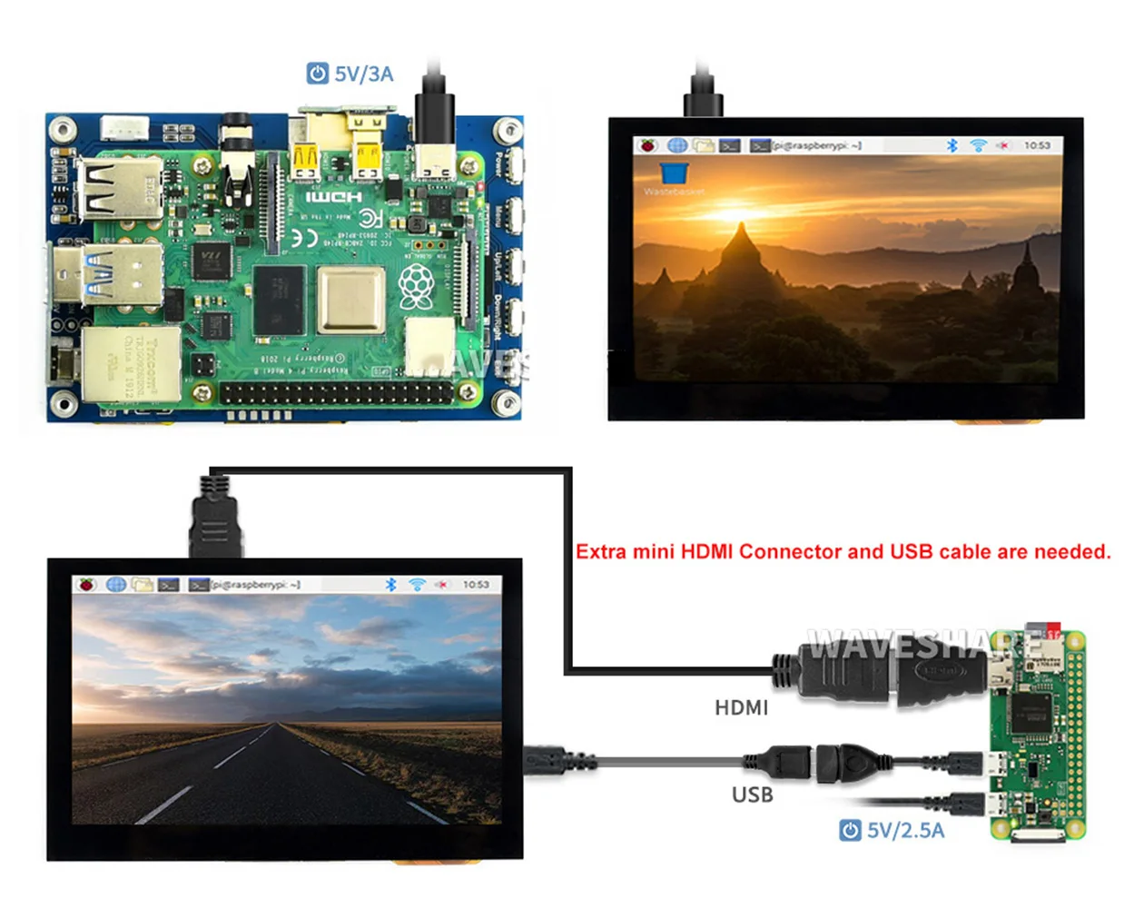 Waveshare   4, 3, ο  ġ ũ, 4.3 ġ HDMI LCD (B), 2 W 800  480 ػ IPS ÷