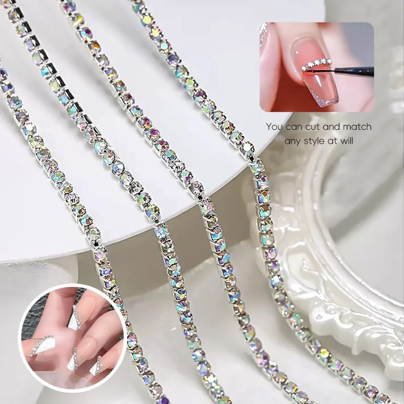 긴 3D 클로 네일 체인 액세서리, 실버 및 화려한 다이아몬드, 긴 네일 장식으로 절단 가능, 반짝이는 네일 클로 체인