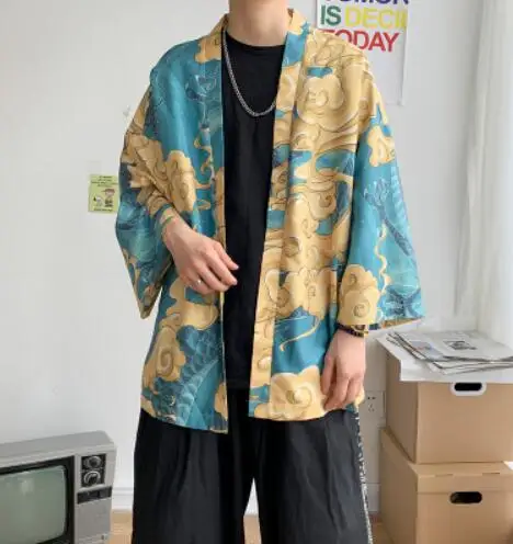 

Streetwear Men's Summer Kimono Printed Jacket 2023 Trendy Windbreaker Men's Cardigan Jacket Plus Size Sun Screen Coat