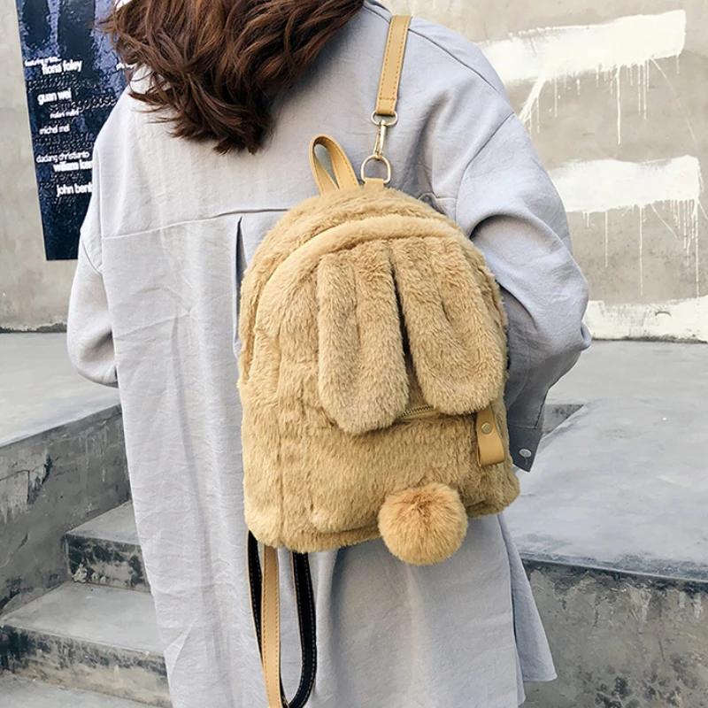 Cute Fluffy Rabbit Kids School Backpack Winter