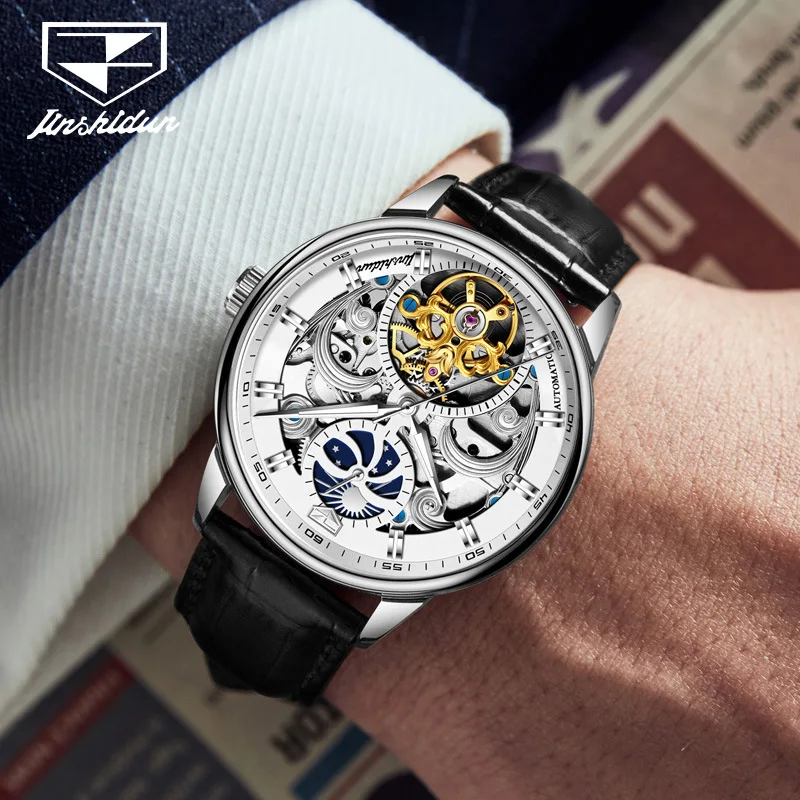 JSDUN Mechanical Watches for Business Men Skeleton Design Waterproof Wristwatches Classic Leather Strap Gift for Husband 8922