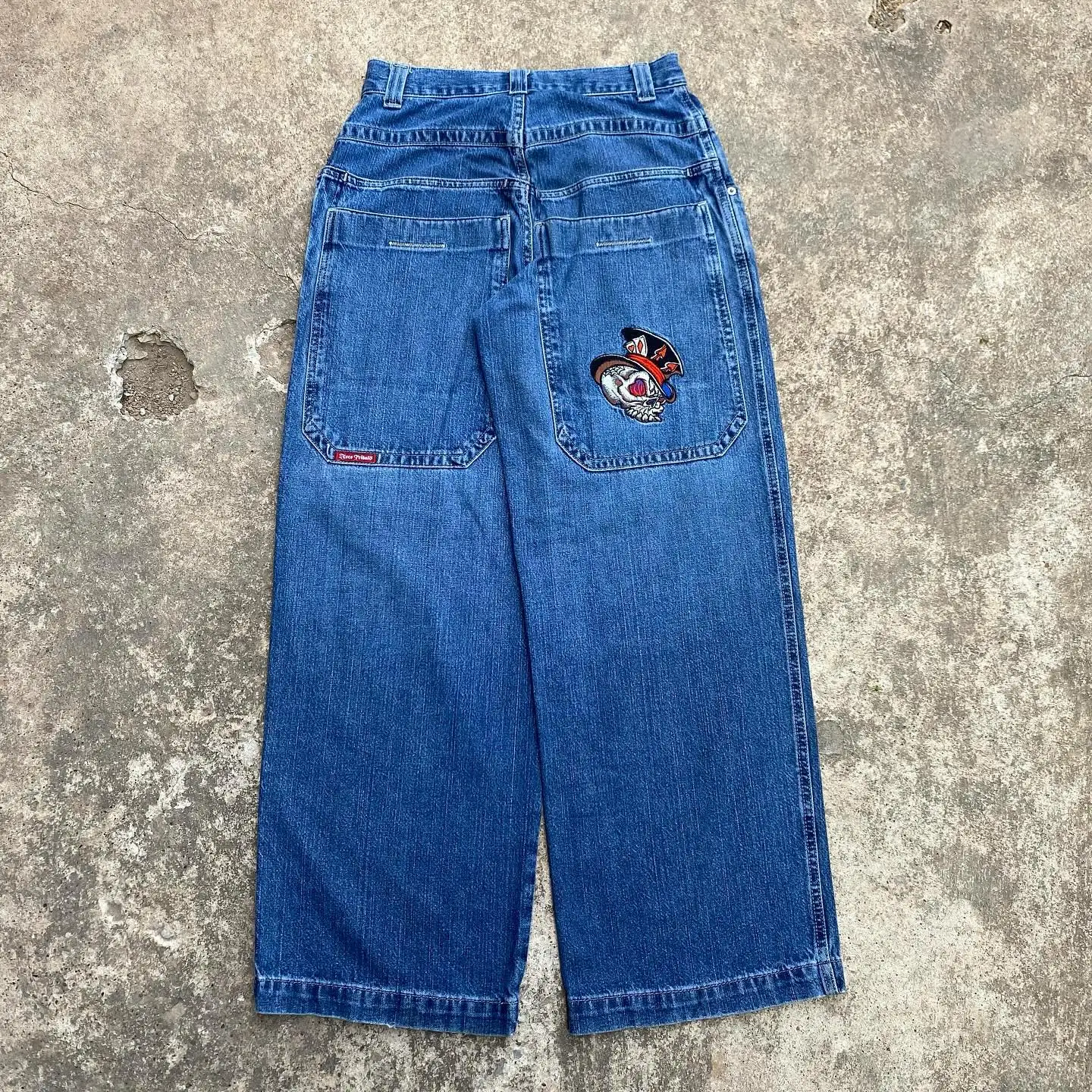 JNCO Y2K 청바지, 힙합 레트로 해골 그래픽, 레트로 블루, 헐렁한 청바지, 하이웨이스트 와이드 레그 바지, 스트리트웨어, 남녀공용, 신제품