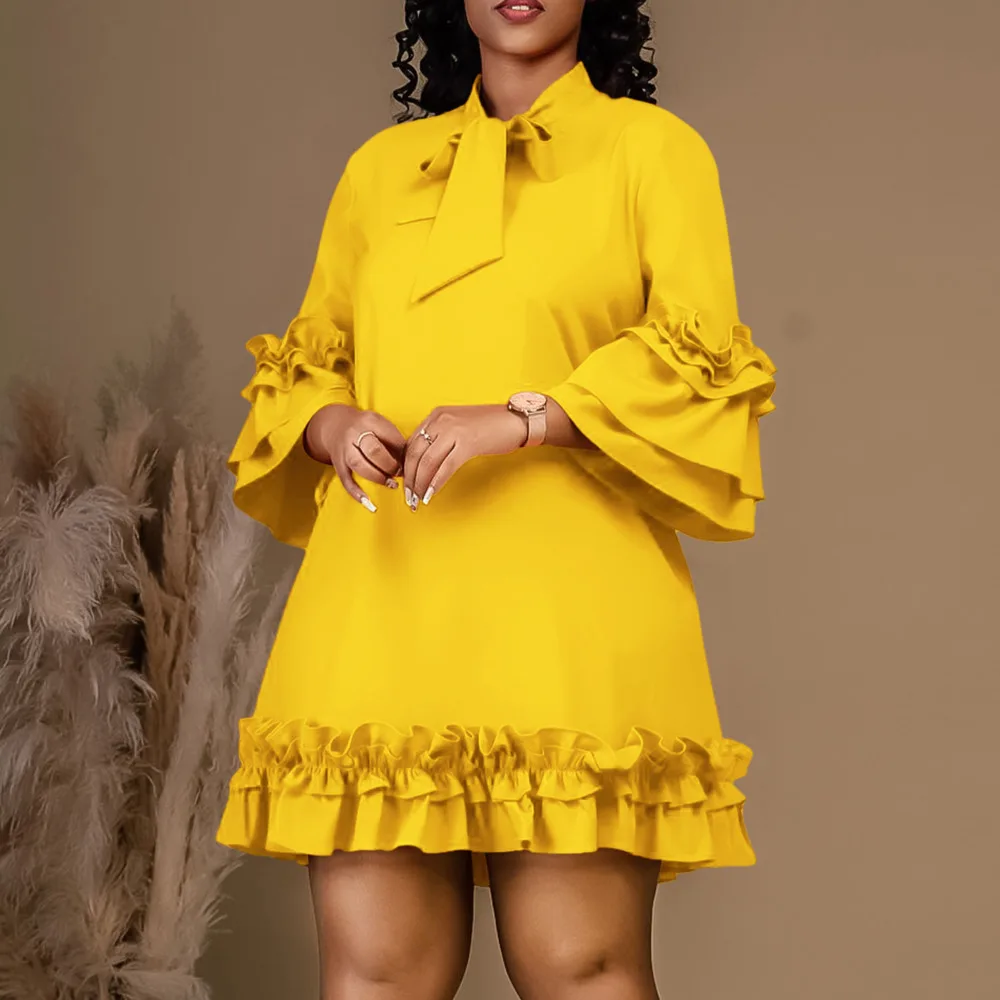 

Women's Dress Loose Casual Large Ruffle Sleeve Lace Up Solid Color Dress Comfortable Lace-up Women Office Ladies Dresses 2023