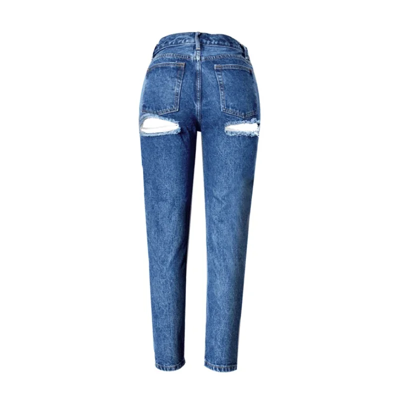 Women Slim Plus Size Blue Denim Pants 2024 Streetwear Ass Hole Butt Ripped Jeans Female High Waist Straight Jeans Sexy Trousers