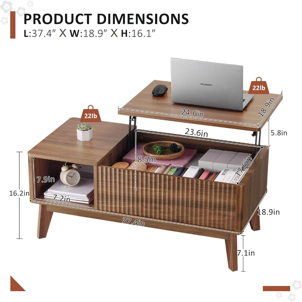 Modern Lift Top Coffee Table with Storage, Fluted Design for Living Room Home Office