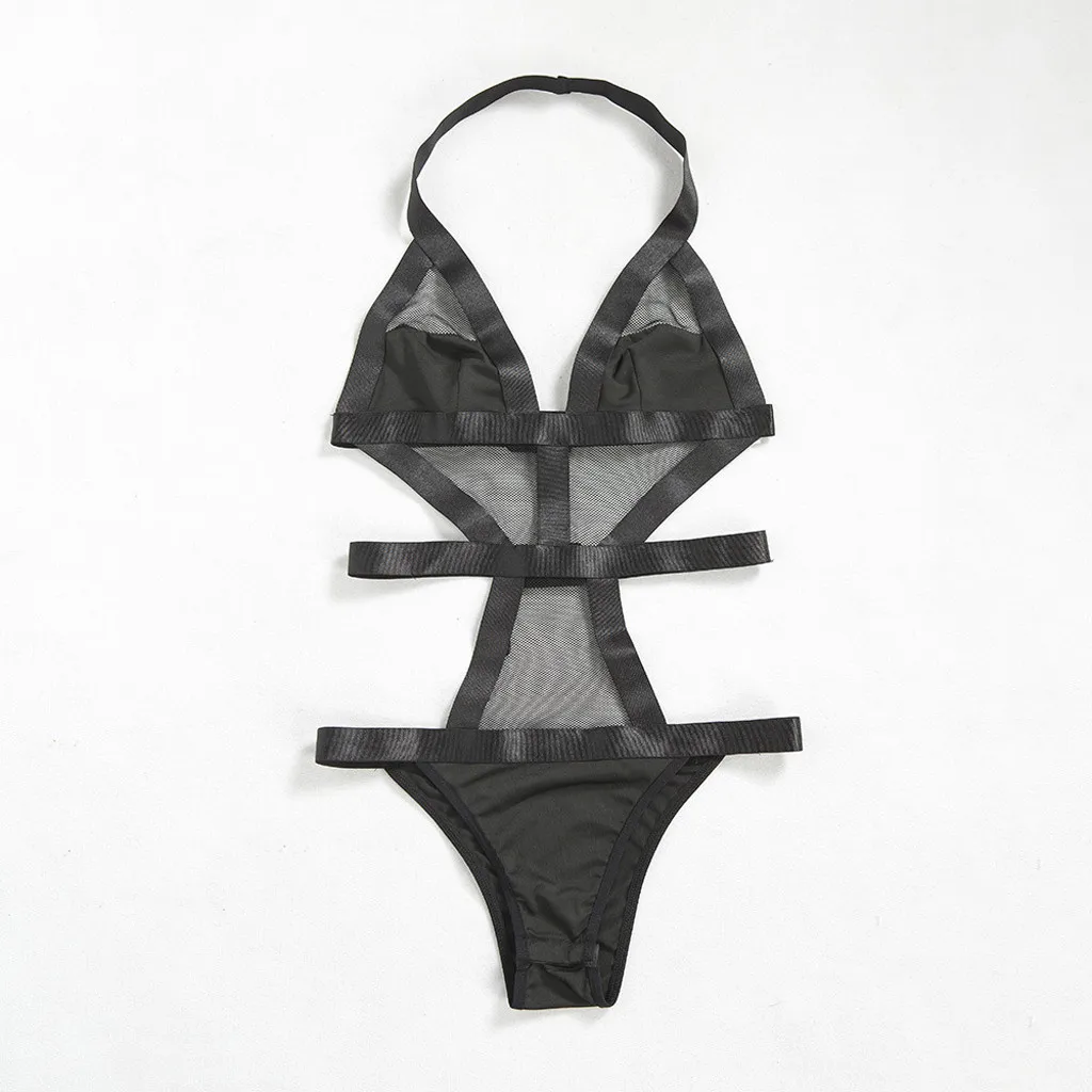 Women's See-Through Mesh Sexy Lingerie Bodysuites Hollow Out Halter Rompers Solid Color V-Neck Bodysuit Mamelucos Adultos
