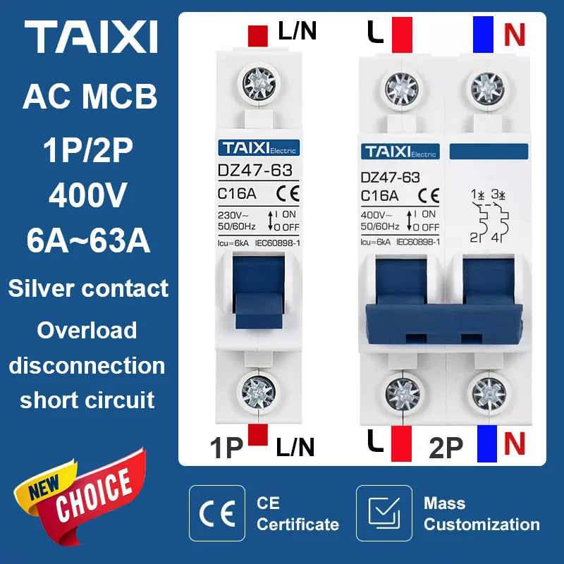 Circuit Breaker AC Circuit breaker MCB DZ47 6A 10A 16A 20A 25A 32A 40A 50A 63A 220V Circuit Overload Disconnect Short Protection