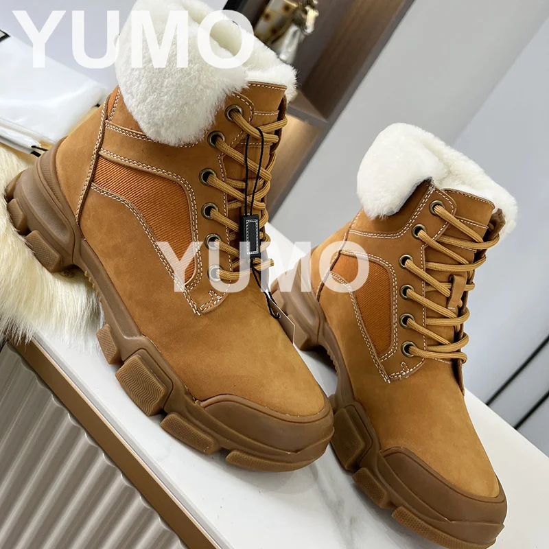 

Winter Kid Suede Leather Fur Inside Lace Up Motorcycle Boots High Quality Fashion Runway Thick Sole Keep Warm Runway Shoes