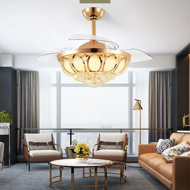 Ceiling Fan Crystal Hanging Lamp Modern Crystal Light Luxury folding ceiling fan Ventilador de teto Dining Room Remote Control