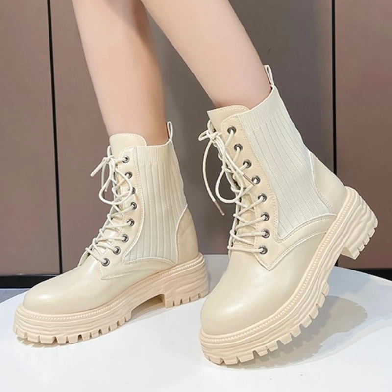 

Женские сапоги до середины икры, осенне-зимние сапоги, женские модные ботинки челси на шнуровке, женские сапоги на платформе, 2022