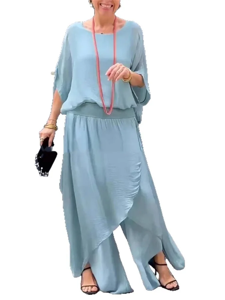 Wmstar 2 Piece Set Women Solid Short Sleeve Top Wide Leg Pants Sets Casual Sweet Streetwear Matching Suit Wholesale Dropshipping