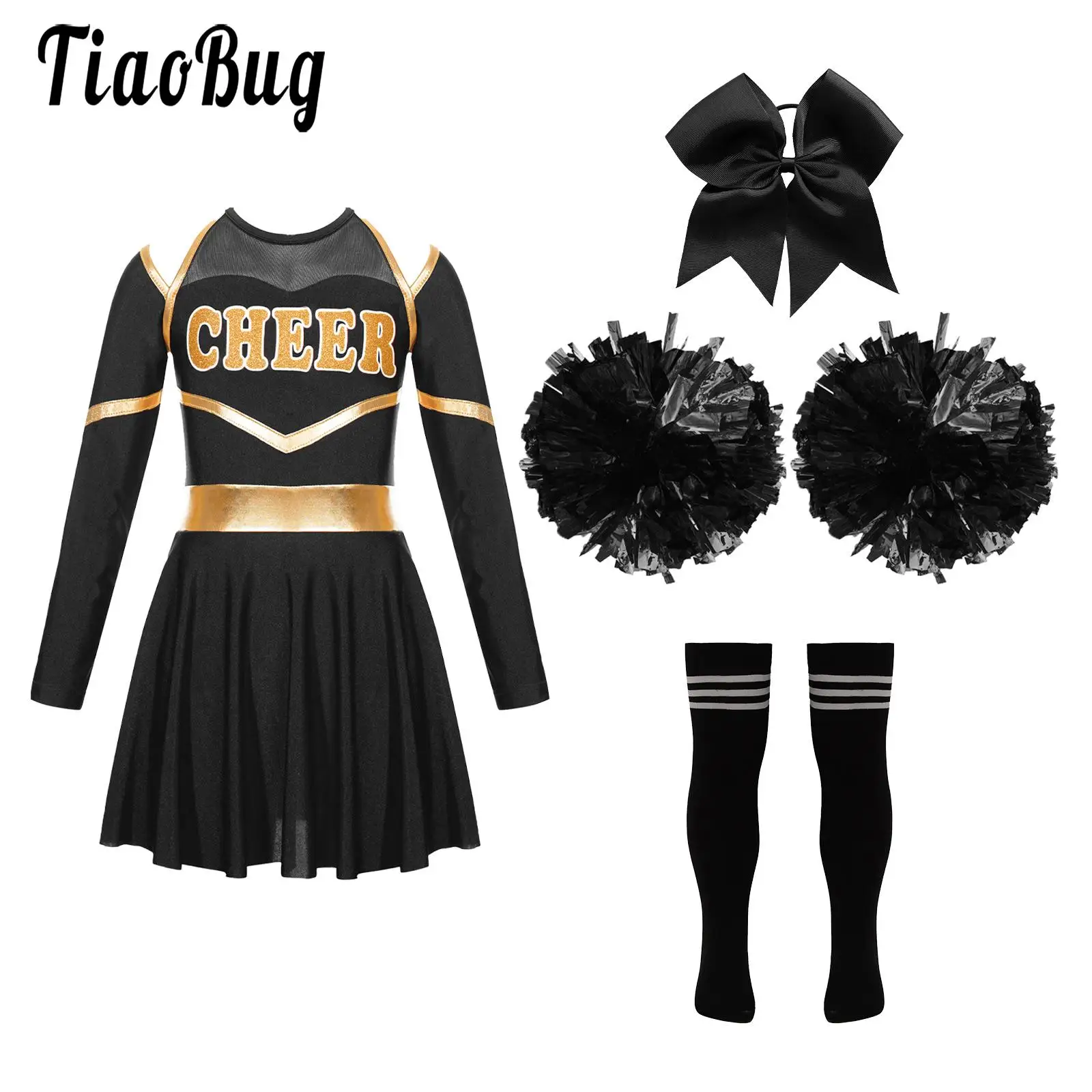 

Kids Girls Shiny Cheerleading Costume Schoolgirls Dance Dress Uniform Complete Outfit with Pom Poms Socks for Halloween Party