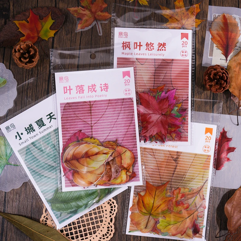 20Pcs/Set Assorted Leaf PET Stickers Aesthetic Scrapbooking DIY Notebooks Accessories Art Collage Supplies Waterproof Labels