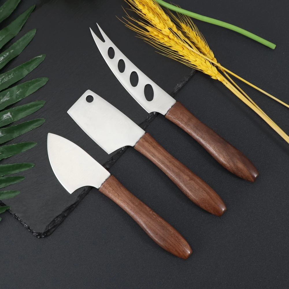 Cheese Knives Set Gold/Silver Cheese Butter Spreader Knife Set Pronged Knives Stainless Steel with Walnut Wood Handle High-end Cheese Cleaver