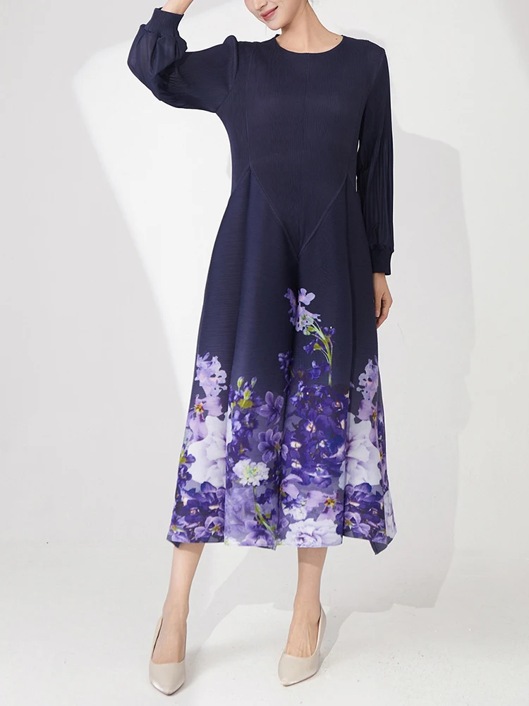 LANMREM Purple Printting Fashion Pleated Dress For Women Loose Causal Round Collar Long Sleeve A-line Dresses 2025 New 2DB3065 - Image 5