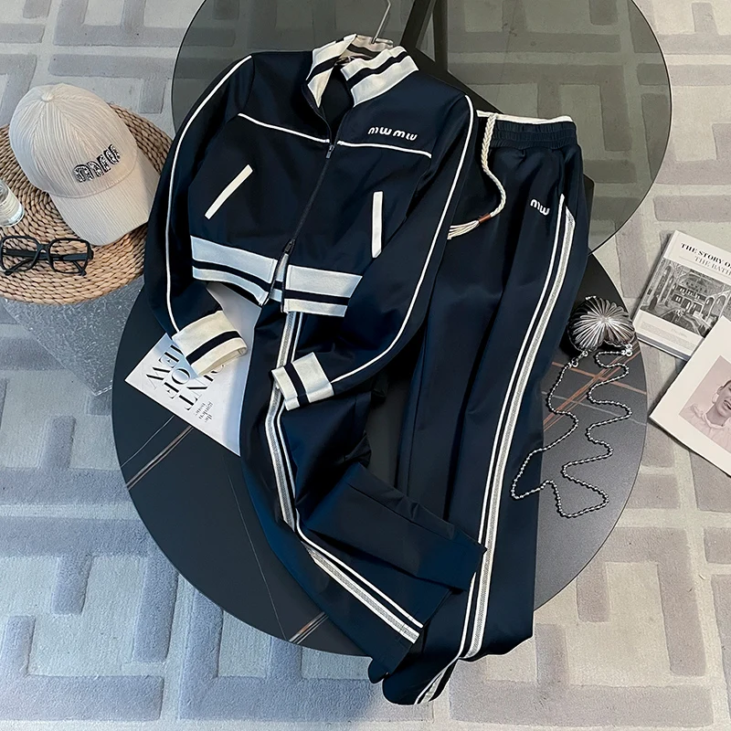 

Autumn 2023 New Korean Fashion Zipper Sweatshirt Cardigan+Casual Running Wide-Leg Pants Two-Piece Set For Women Tracksuit
