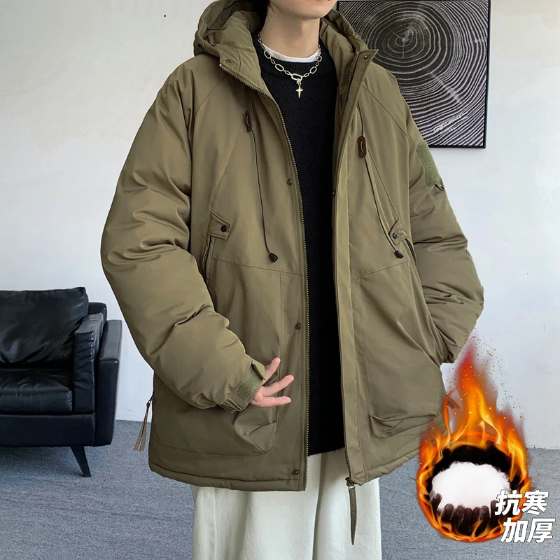 Windbreaker Men's Winter Tooling Outdoor Hooded Large Pocket Jacket Parkas Unisex Cotton-Padded Jacket Thick Warm Solid Color