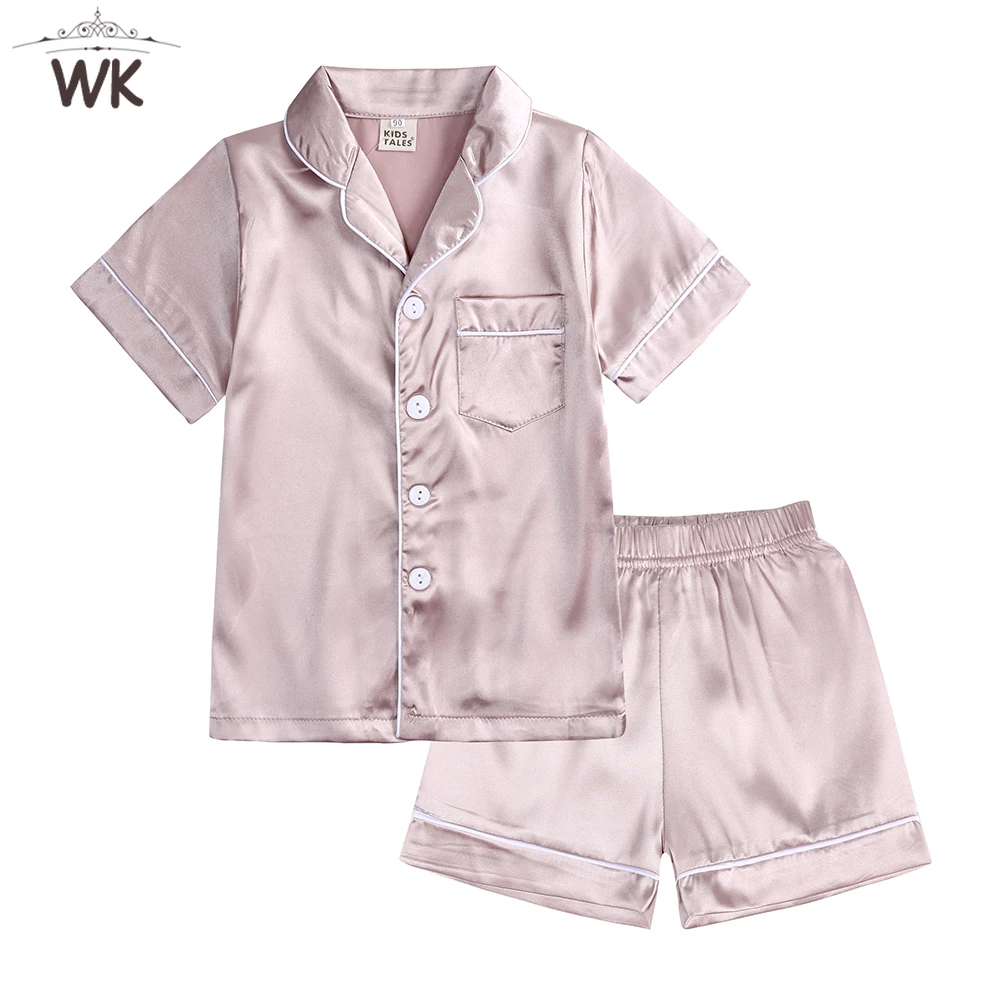 Summer Little Boys Girls Short Sleeve Silk Satin Pajamas Set Classic Toddler Loungewear 2 Piece Sleepwear Button-Down Sleepwear