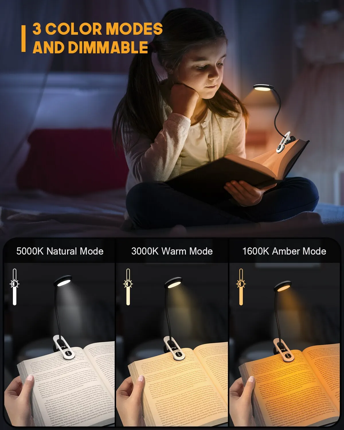 Mini LED Light 3 Colors 5 Brightness Displays Battery Power Rechargeable Mini LED Reading Light Flexible Easy Clip Night Reading Lamp