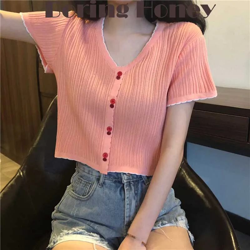 

Boring Honey Summer Clothes For Women Short Sleeves T-Shirt Loose And Comfortable Ice Silk Knitting Fashion Double Button Tops