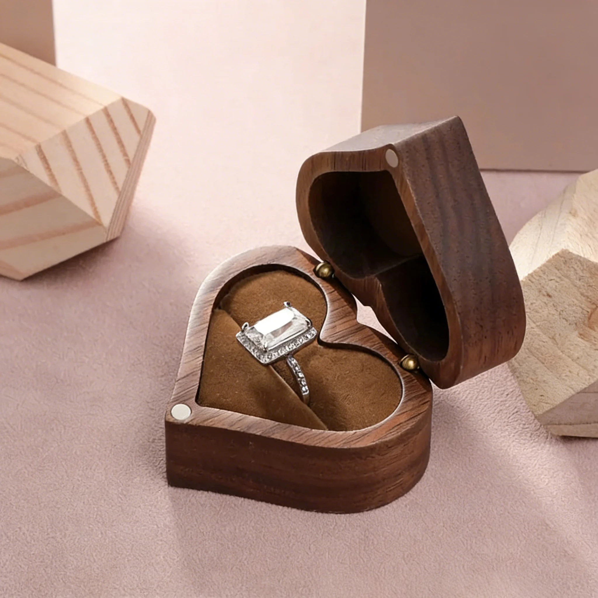 Free Customize Wedding Ring Box With Bag Heart Shape Personalized Custom Wood Ring Box Engagement Ring Boxs Christmas Gifts
