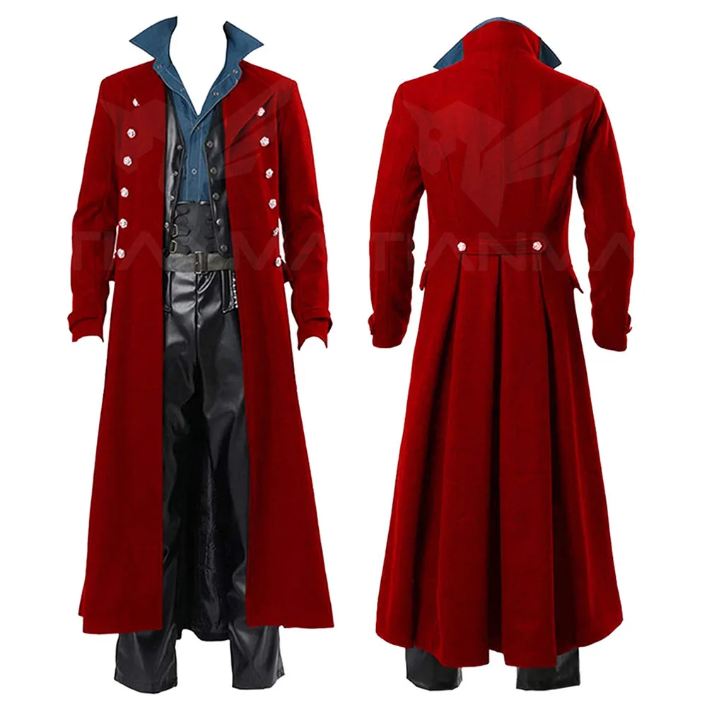 Retro Steam Punk Cosplay Gothic Fantasy Red Coat Giacca Lunga Uomo Adulto Maschio Roleplay Abiti Halloween Carnival Party Suit