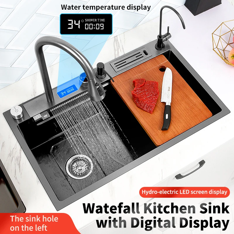 

304 Stainless Steel Nano Black Large Single Bowl Kitchen Sink with Waterfall Faucet and Chopping Board Kitchen Accessories
