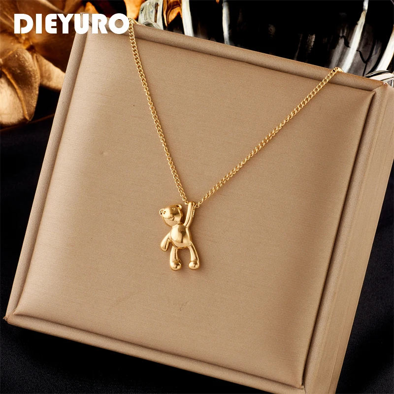 DIEYURO316LStainlessSteelCuteBearPendantNecklaceForWomen