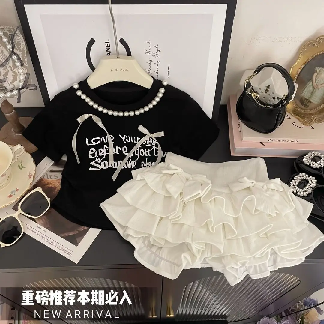 

Новые летние комплекты для девочек-подростков, футболка с бантом и надписью + юбка-торт, милые костюмы принцессы