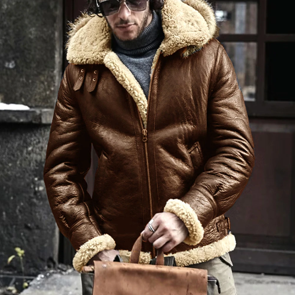 Winter Warm Men's Hooded Jackets Long Sleeve Coats Fashion Casual Cold-Resistant Faux Leather Lambswool Coat Overcoats