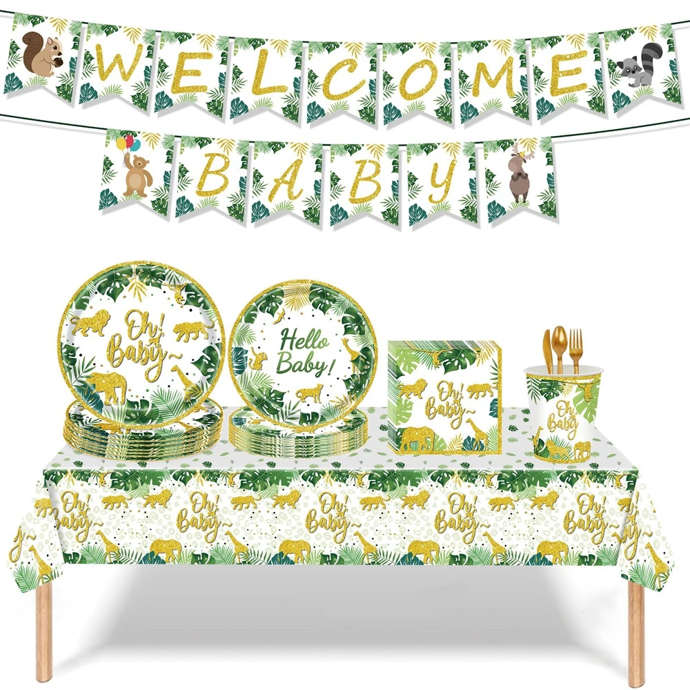 

Oh Baby Disposable Party Tableware Hello Baby Paper Plate Cups Welcome Baby Shower Garlands Jungle Theme Birthday Party Supplies