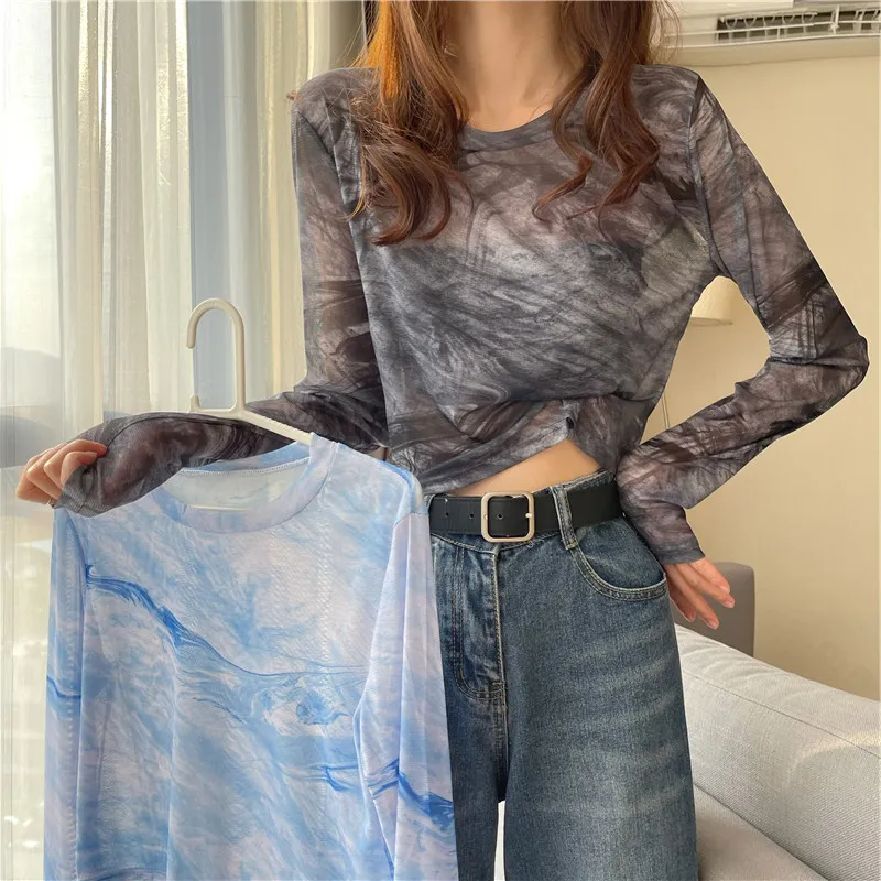 

Летняя сетчатая Солнцезащитная женская рубашка, футболка с длинным рукавом, из вискозы, Короткие универсальные сексуальные женские топы