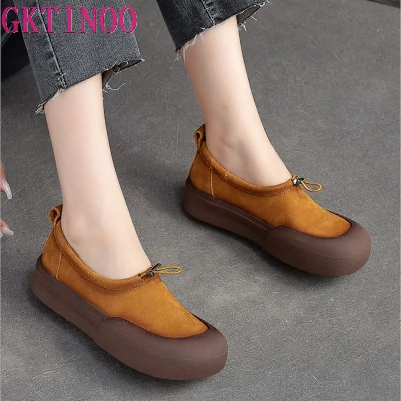 

GKTINOO Retro Genuine Leather Women Slip-on Flats 2023 Autumn New Round Toe Thick Sole Comfortable Platform Shoes