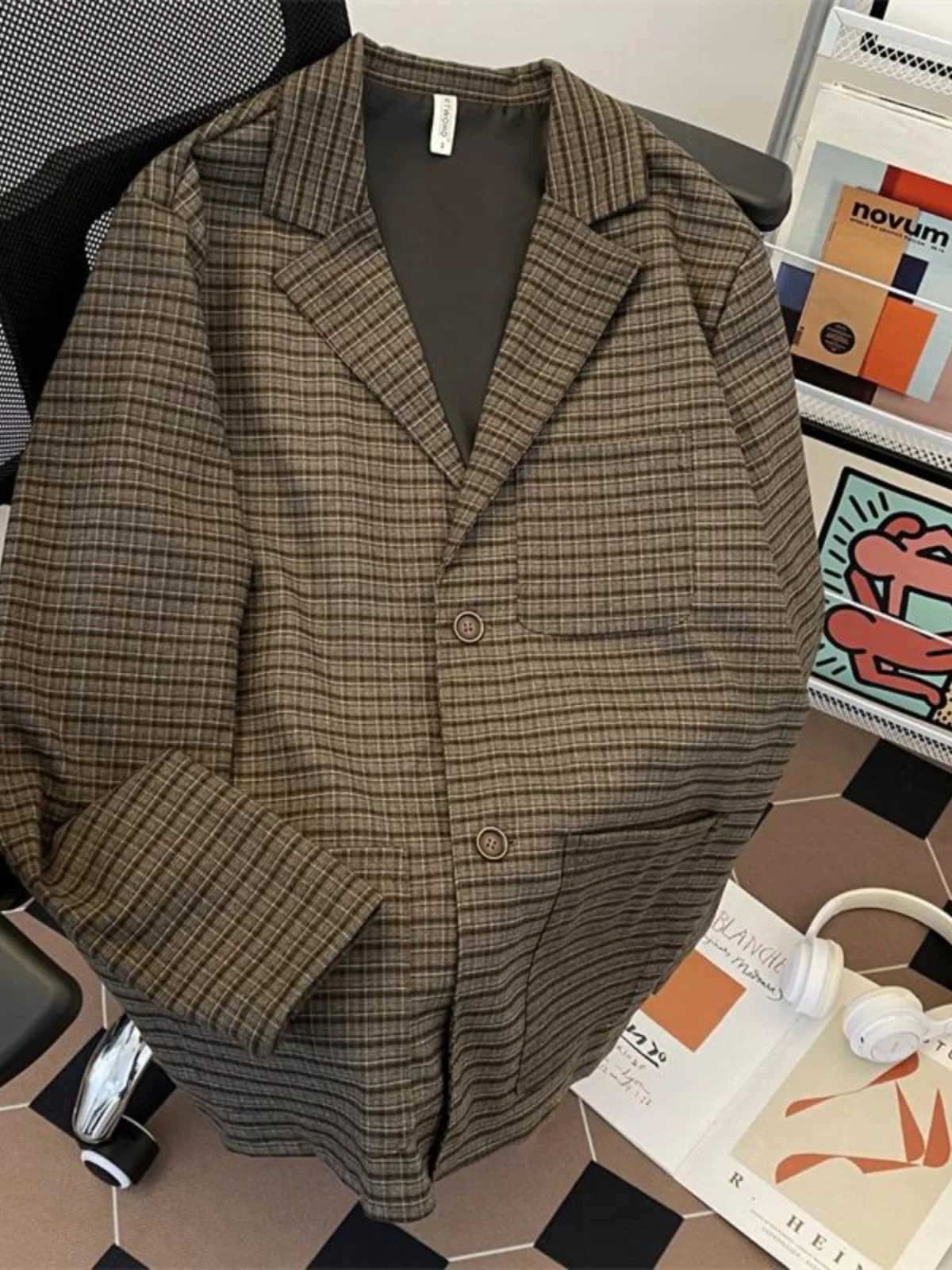 Retro Hong Kong Sle Men's Casual Loose Fit Plaid Suit Jaet Spring Autumn Seasonal Polyester Fiber Youth Faion