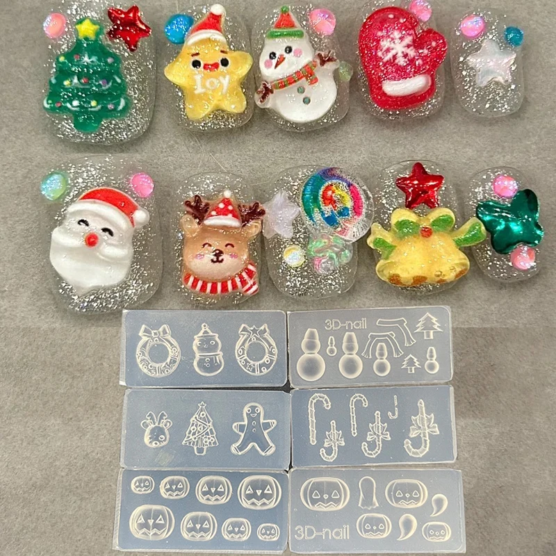 5Pc Christmas 3D Nail Molds 4*2cm Carv Mold Santa Claus/Gingerbread Man/Christmas Tree Resin Template(5Pc Christmas Charms Gift) 5