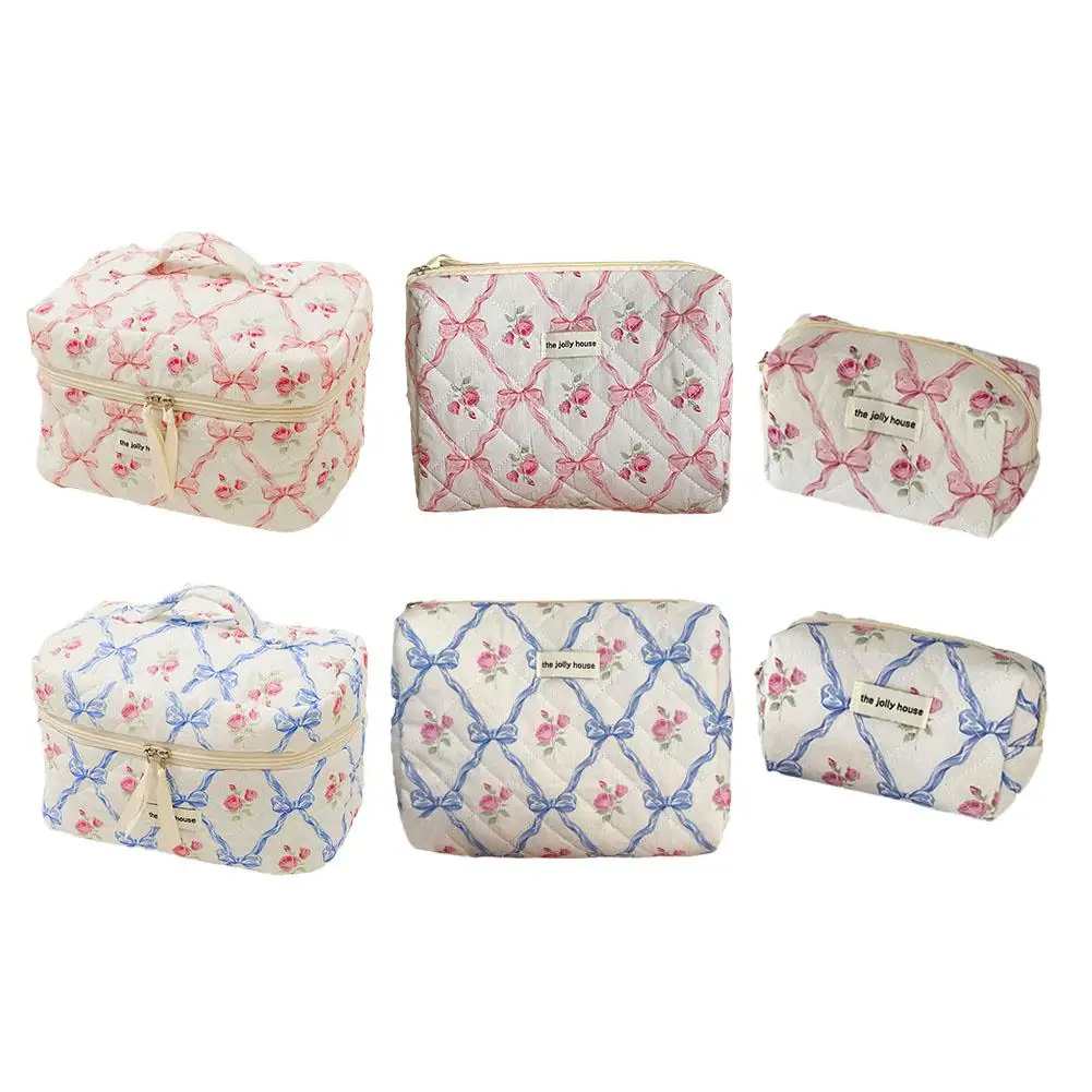 Women Cute Bow Flower Zipper Quilting Cotton Makeup Bag