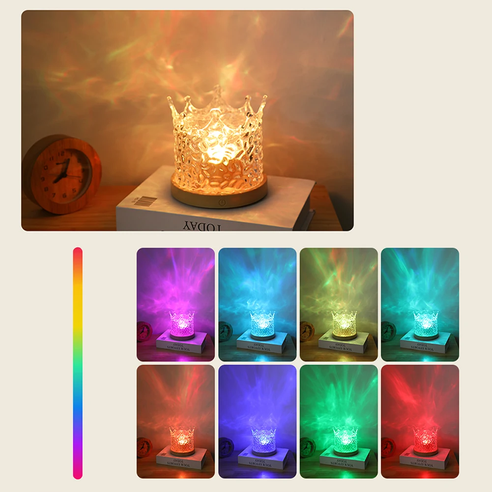 

Dynamic Water Ripple Night Light, USB Charging 16-Color Crystal Crown Projector Lamp Flame Effect Rotating Light Remote Control