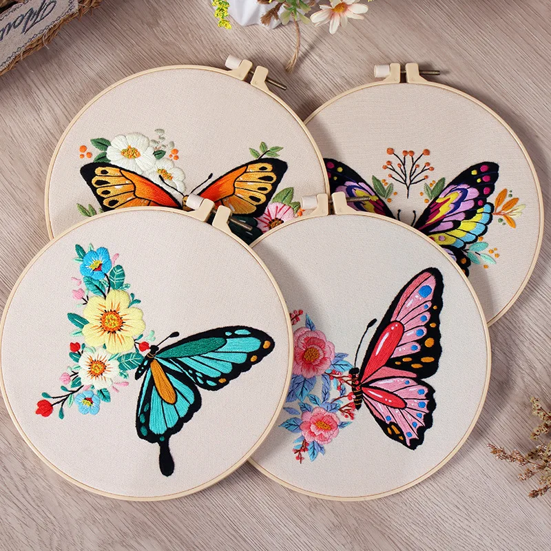 DIY Embroidery Kit Batterfly Printed Pattern for Beginner Cross Stitch Set Needlework Hoop Handmade Sewing Art Craft Kit