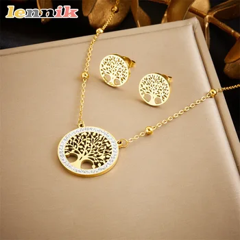 LENNIK Fashion Niche Design Round Hollow Tree of Life Pendant Accessories Stainless Steel Stud Earrings Necklace Set