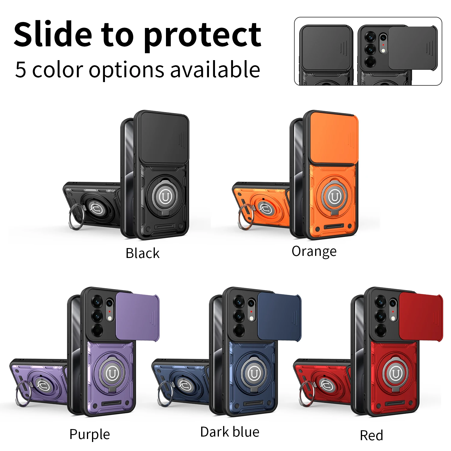 Enhanced Shockproof Armor Case with Slide Camera Lens Protection and Metal Ring Holder