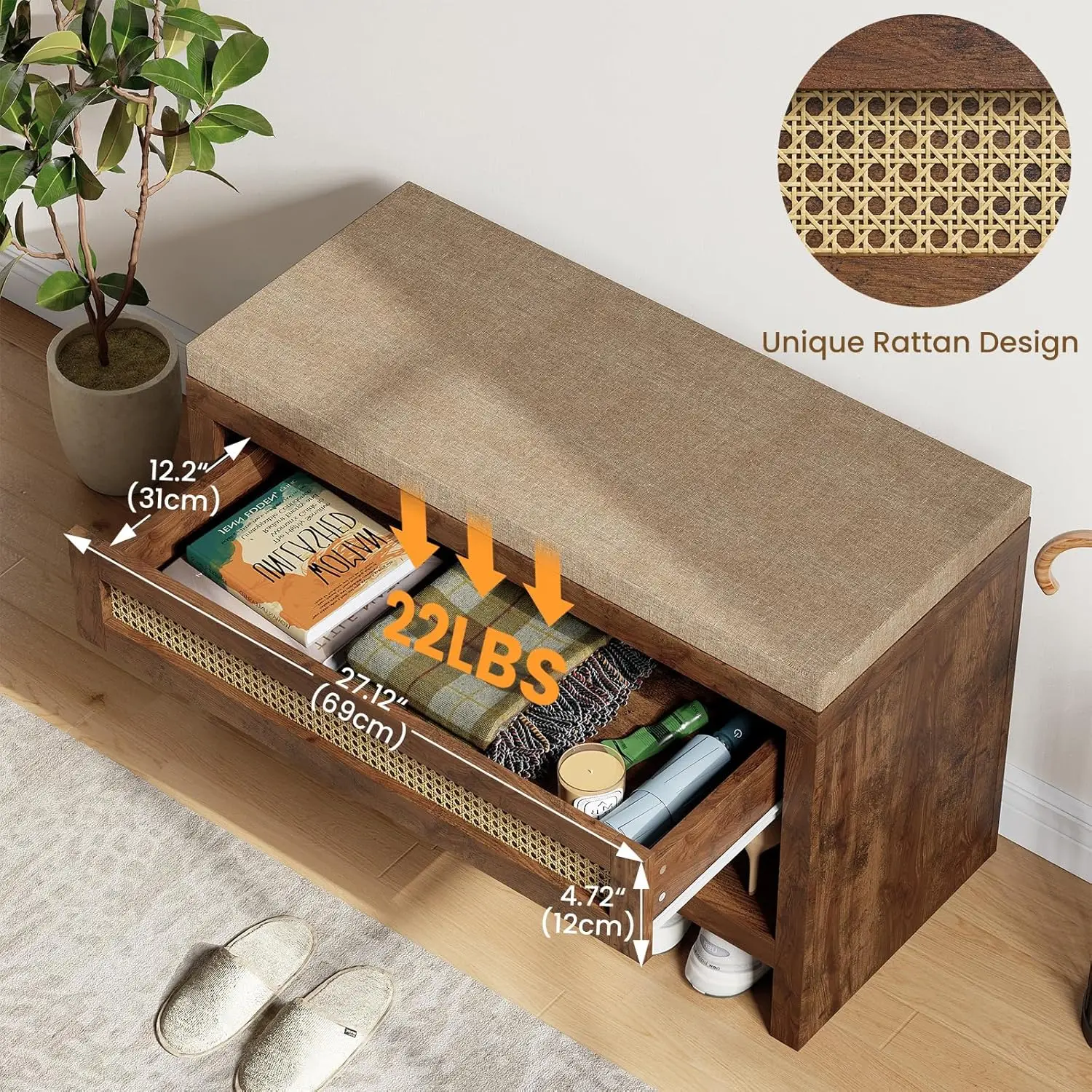 Rattan Shoe Bench with Cushion, 31" Shoe Bench with Storage Drawer, Farmhouse Shoe Rack with Shelf, Wooden Storage Bench