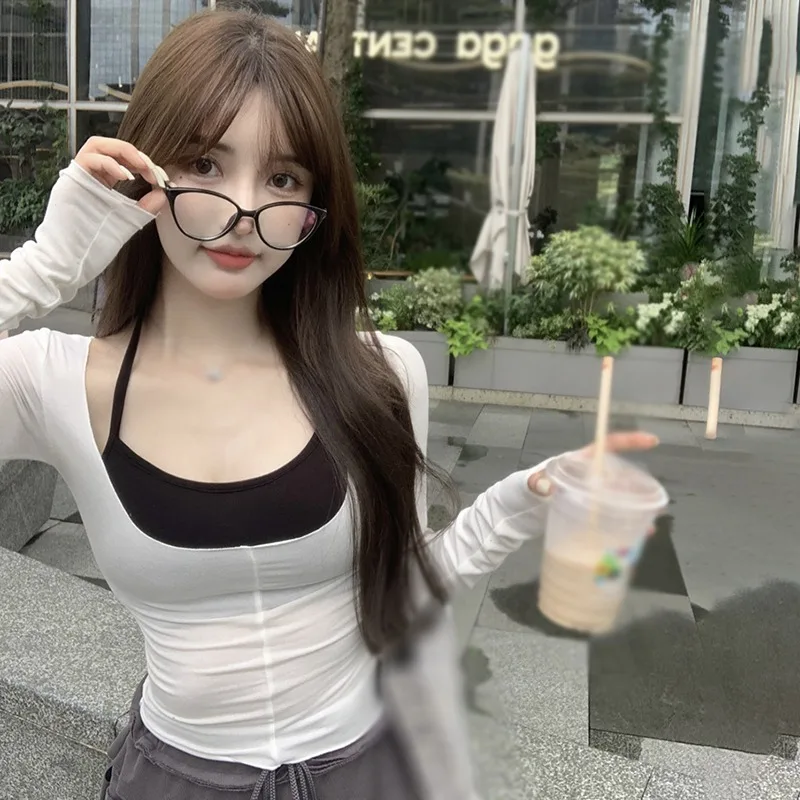 Slim Long Sleeves T-shirt Two Piece Set Women's Short Camisole Summer Outdoor Street Mall Shopping Tops Cooling Clothes101_voghion.com